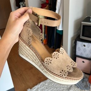 Suade tan wedges